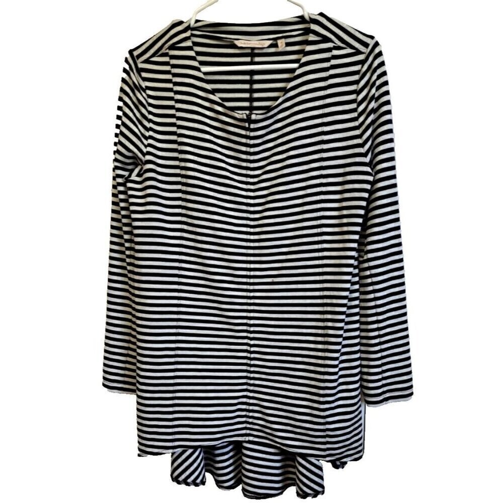 Soft Surroundings M Calista Black/Gray Stripe Zip Front Tunic Hi-Lo Hem FLAW!
